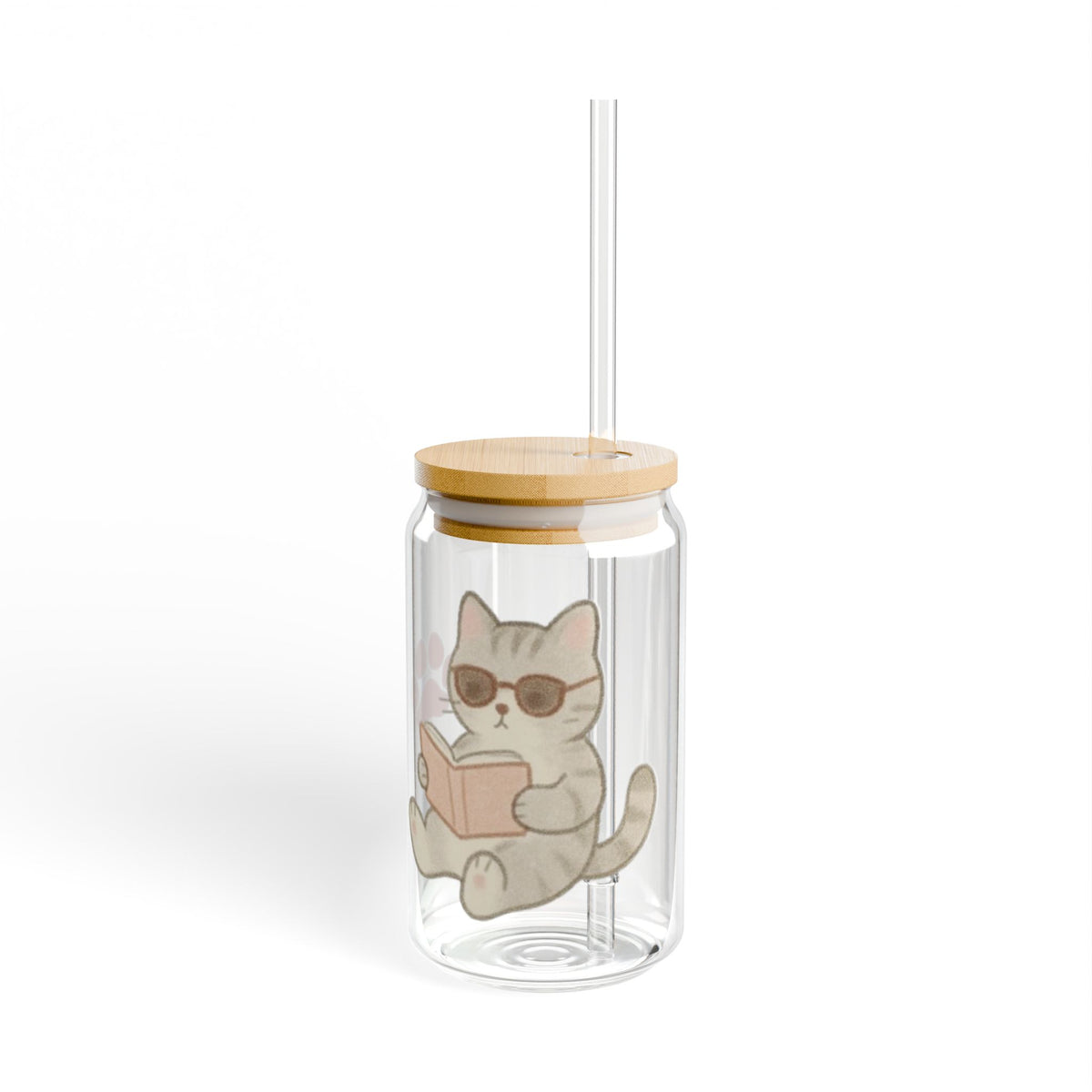 Cat Glass Sipper Tumbler — 16oz Cute Reading Cat with Straw