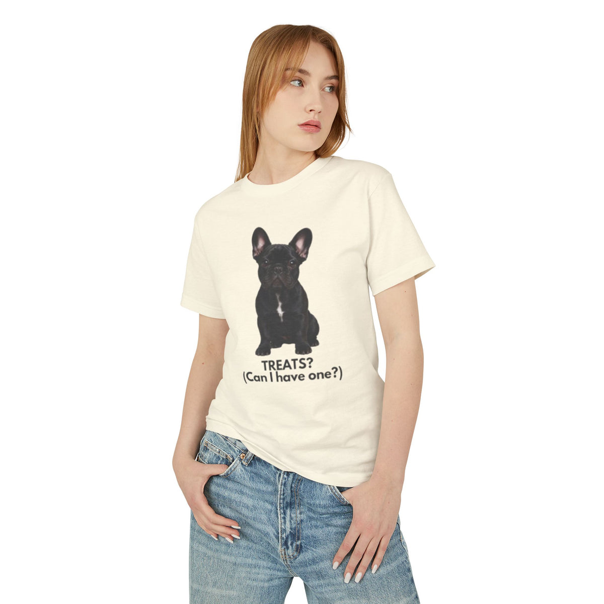 French Bulldog Tee — "TREATS? (Can I have one?)" Cute Dog Paw Graphic Shirt