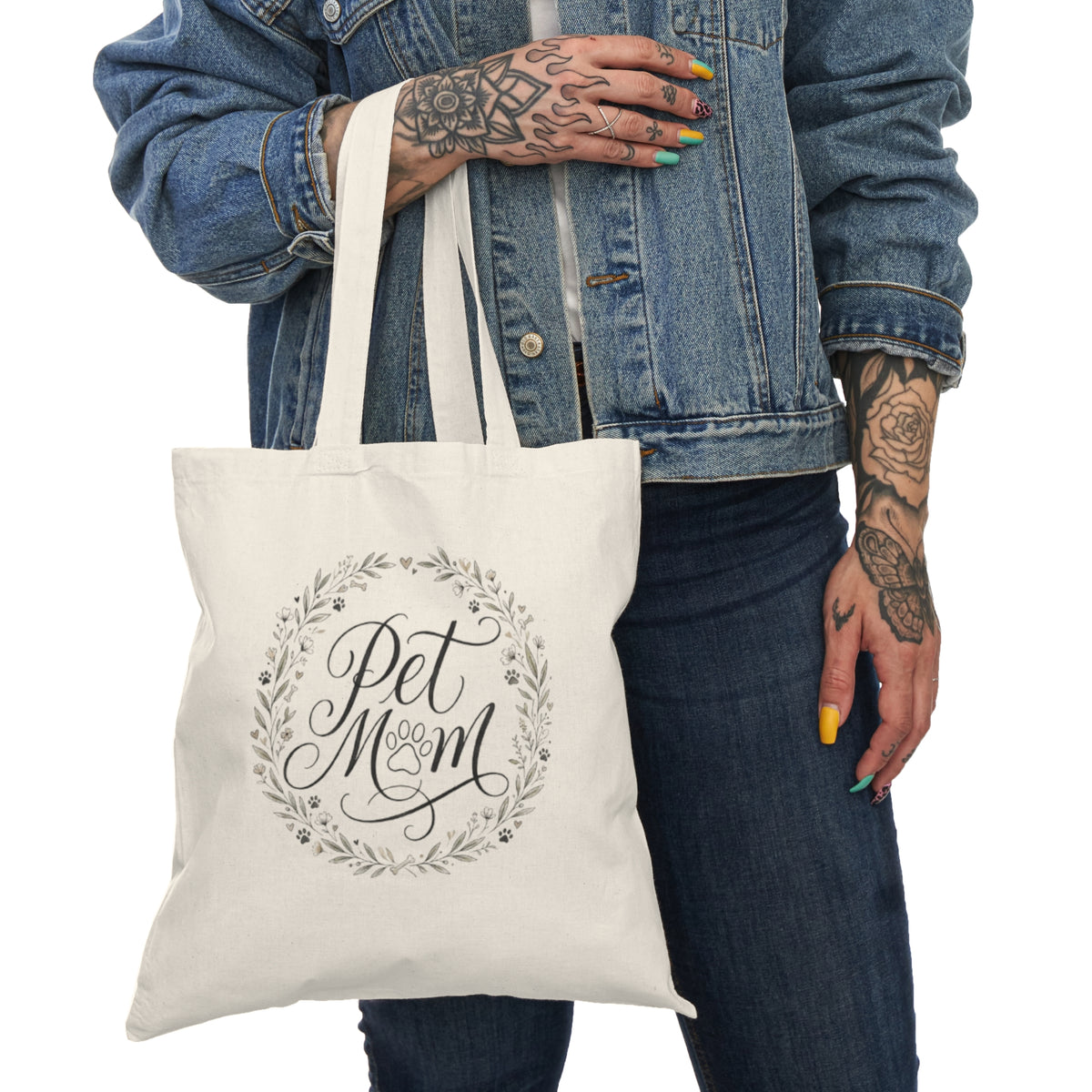 Pet Mom Cotton Tote Bag — Floral Wreath Paw Print Eco Shopper