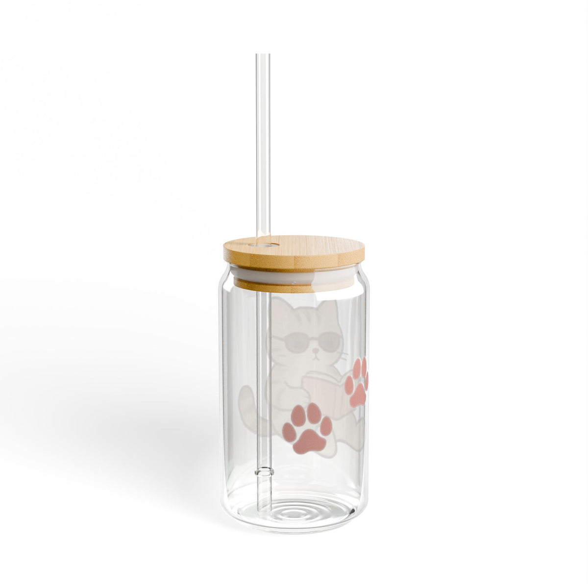 Cat Glass Sipper Tumbler — 16oz Cute Reading Cat with Straw