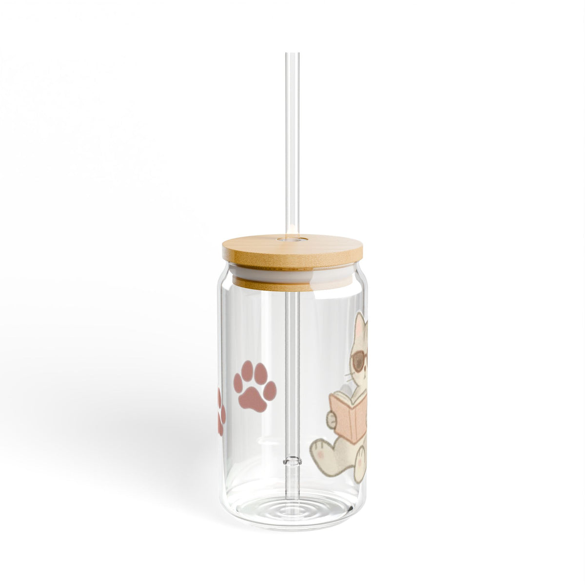 Cat Glass Sipper Tumbler — 16oz Cute Reading Cat with Straw