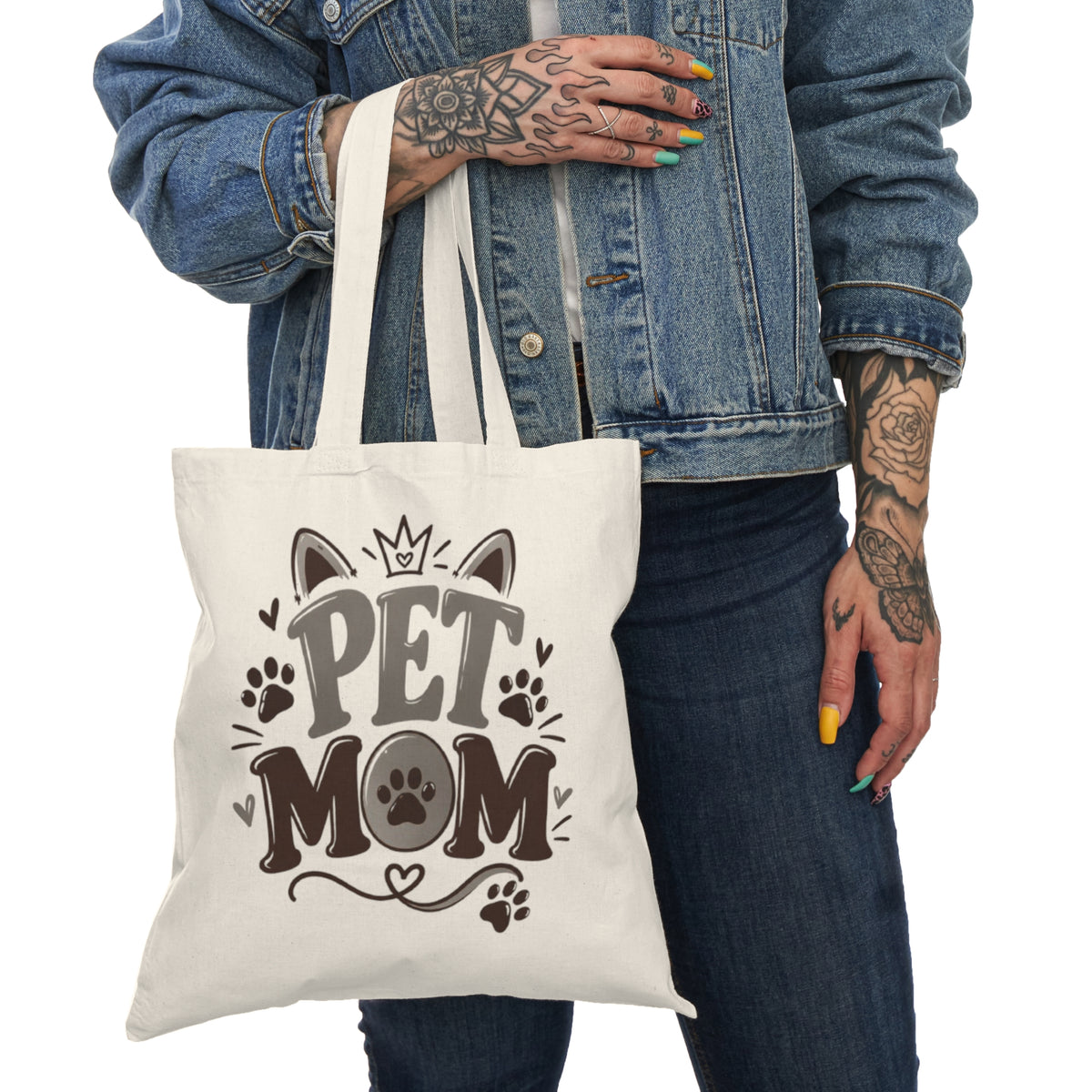 Pet Mom Cat Tote Bag — Cute Cat Portrait & "Pet Mom" Graphic Canvas Tote